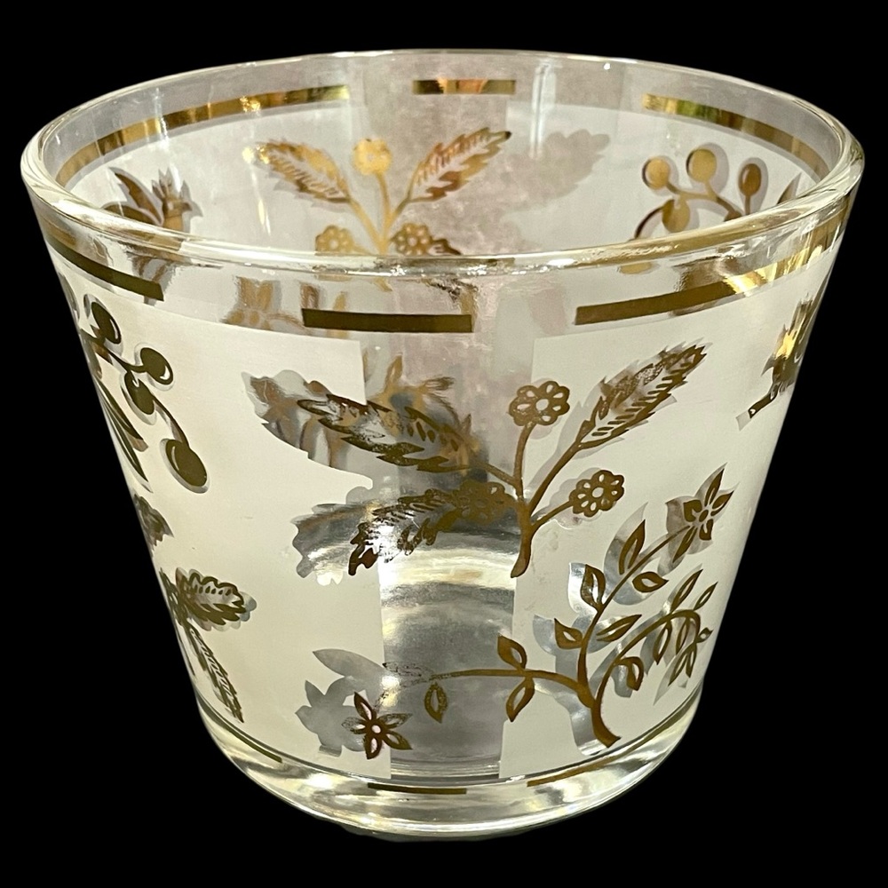 Vintage 1960s Libbey Glass Ice Bucket - Frosted Clear Glass Golden Leaf Berries
